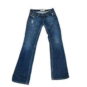 MEK Jeans Denim DARK Blue OAXACA Jeans, Boot Cut By Miss Me | 28 Big Stitch EUC